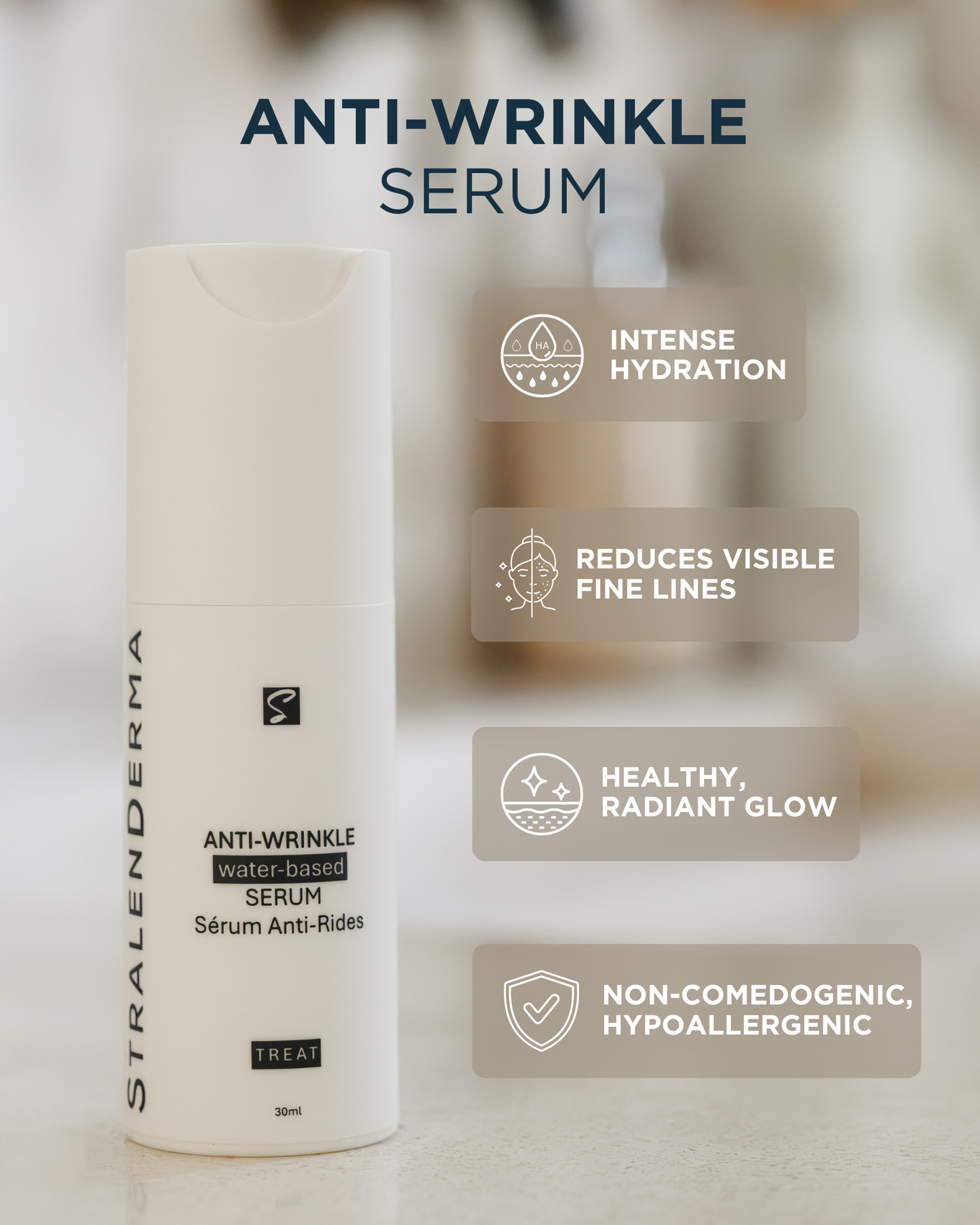 Clean & Scientifically-backed formulated Stralenderma's Anti-wrinkle  serum bottle. water-based formula for intense hydration and rejuvenation.
